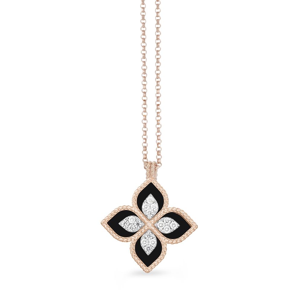 PRINCESS FLOWER PENDANT WITH DIAMONDS AND BLACK JADE