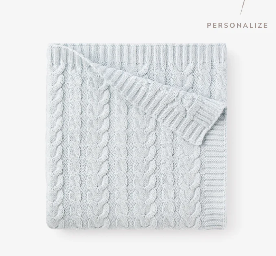 Pale Blue Horseshoe Cable Knit Baby Blanket